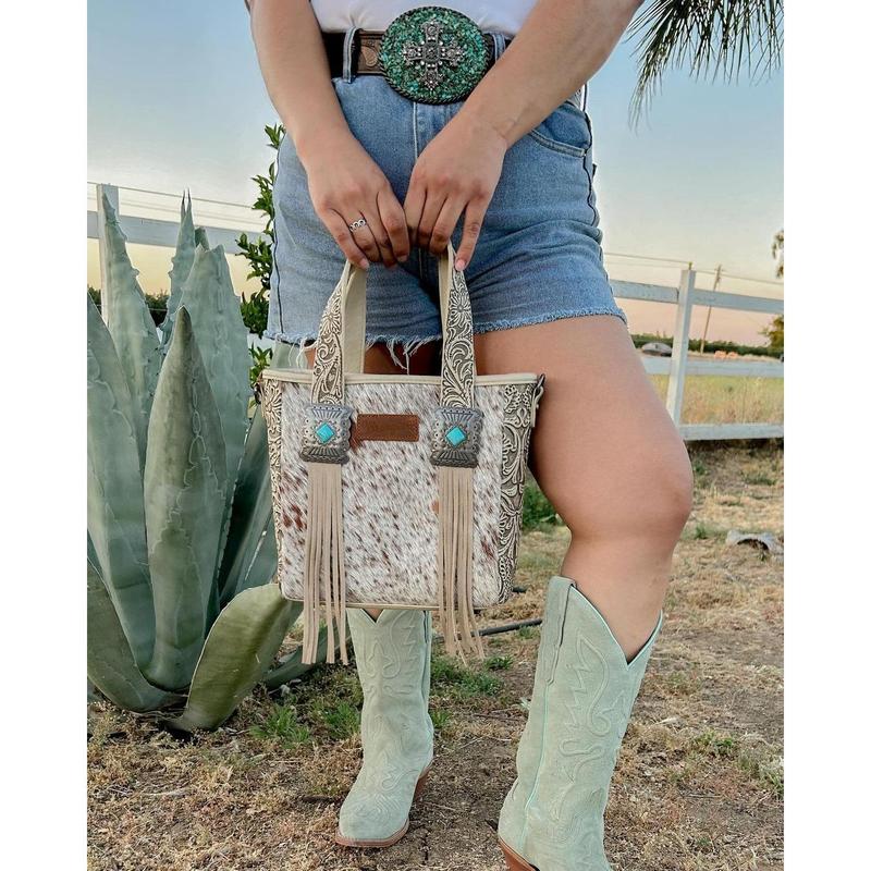 Wrangler Cowhide Top-Handle Tote Bag Western Tooling Handbag With Turquoise Stone Concho-Fall Fashion