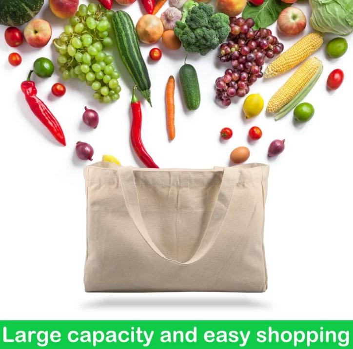 3Pcs Canvas Grocery Bag with 6 Inner Pockets - Large Capacity Heavy Duty Reusable Tote Bag for Grocery Store Camping Outdoor