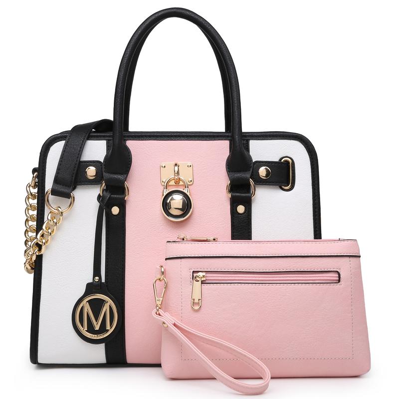 MKP Women Satchel Handbags Purses Two tone Top Handle Tote Shoulder Bags with Matching Wristlet Wallet Set 2pcs