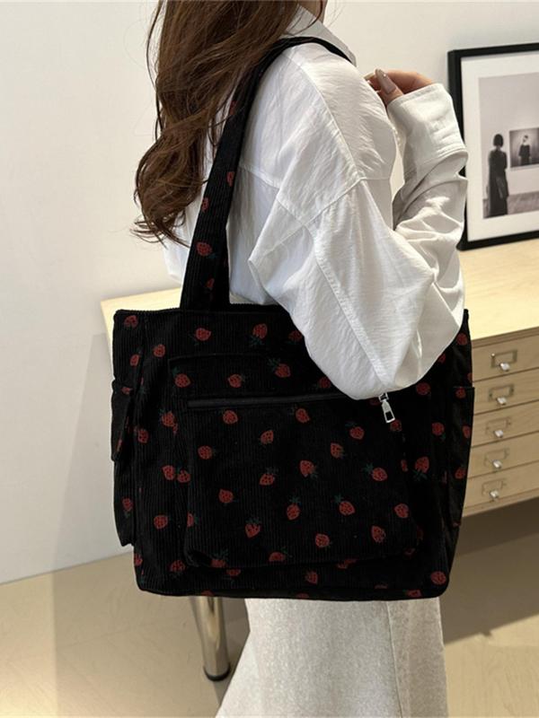 Women's Strawberry Pattern Tote Bag, Large Capacity Shoulder Bag, Casual Trendy Versatile High-quality Daily Commuting Bag, Girl Fashionable Shopping Bag