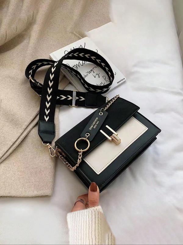 Women's Fashion Colorblock PU Leather Crossbody Bag, Casual Versatile Chain Decor Shoulder Bag for Daily Used, Trendy All-match Commuter Bag