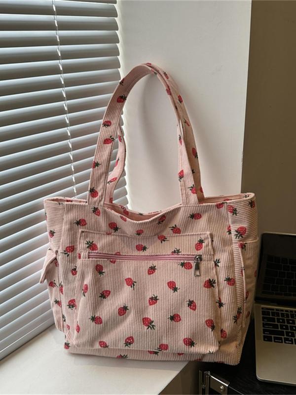 Women's Strawberry Pattern Tote Bag, Large Capacity Shoulder Bag, Casual Trendy Versatile High-quality Daily Commuting Bag, Girl Fashionable Shopping Bag