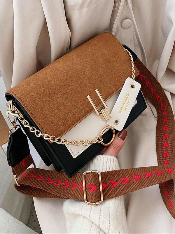 Women's Fashion Colorblock PU Leather Crossbody Bag, Casual Versatile Chain Decor Shoulder Bag for Daily Used, Trendy All-match Commuter Bag