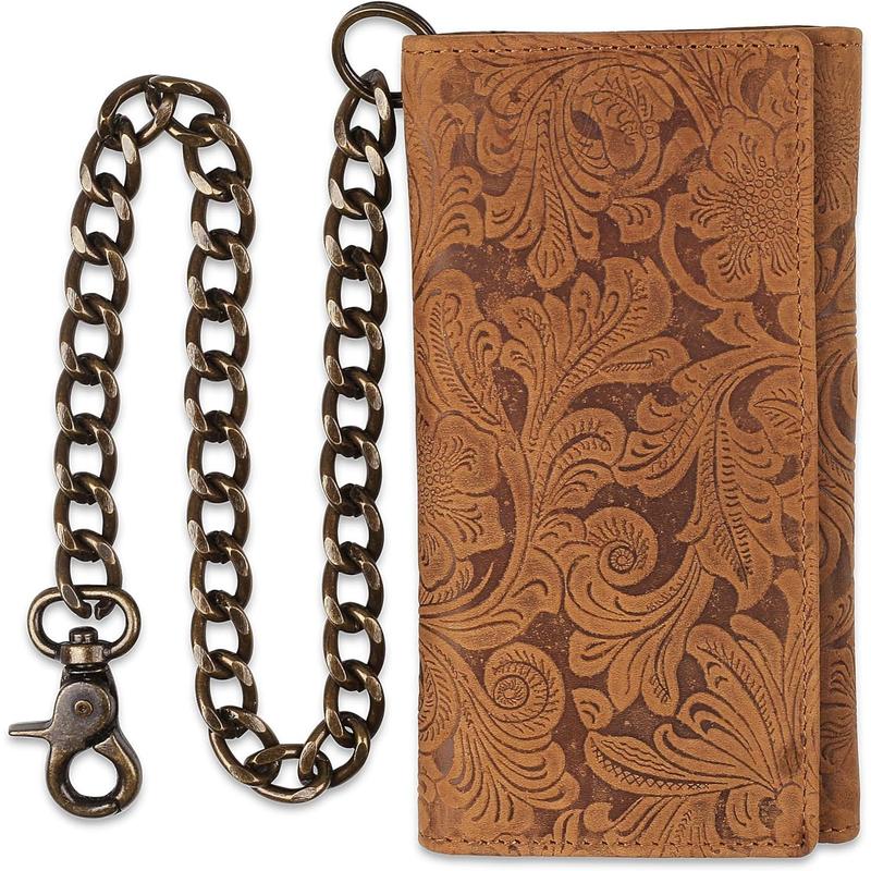 RFID Blocking Mens Tri-fold Long Style buffalo crazy horse Leather Steel Chain Wallet,vintage brown floral,212-4