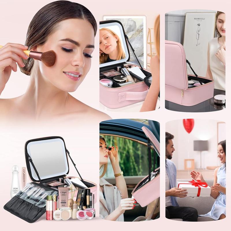 Travel Makeup Bag with LED Lighted Mirror 3 Color Scenarios Adjustable Brightness, Waterproof Cosmetic Train Case Organizer with DIY Dividers, Toiletry Makeup Case Gift for Lady