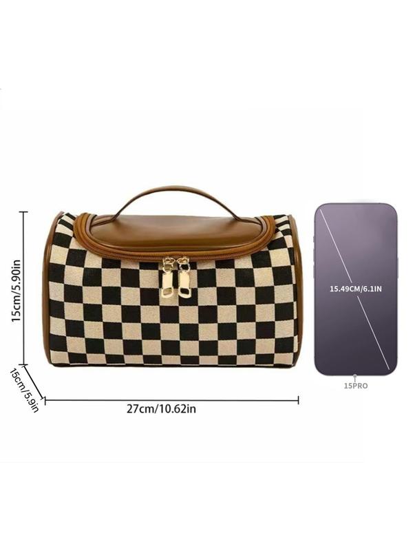 Checkerboard Pattern Makeup Bag with Bottom Studs, Fashionable Cosmetic Storage Bag, Casual Versatile Zipper Makeup Organizer Pouch for Women & Girls