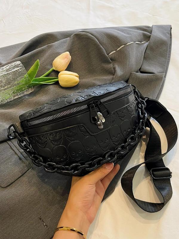 Women's Summer Minimalist Casual Plain Skull Pattern Design Fanny Pack, Fashionable Chain Decor Fanny Pack with Adjustable Strap for Daily Used