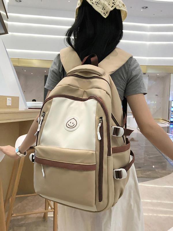 Preppy Colorblock Cartoon Expression Label Decoration Backpack, Casual Large Capacity School Bag with Adjustable Strap, All-match Commuter Bag for Work & Daily Used, Unisex