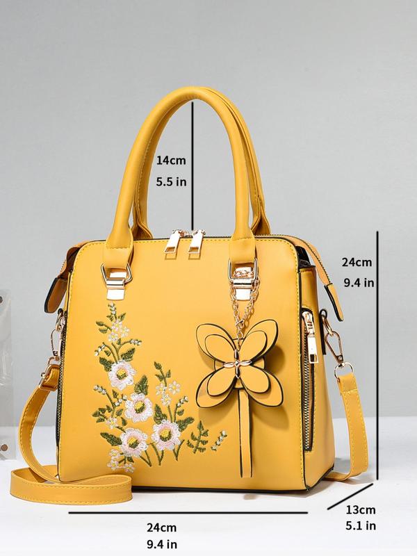 Women's Fashion Floral Pattern Handbag, 2024 Summer Trendy Casual Pu Leather Zipper Square Bag, All-match Tote Bag Commuter Bag for Work & Daily Used, Daily Clothing Decor