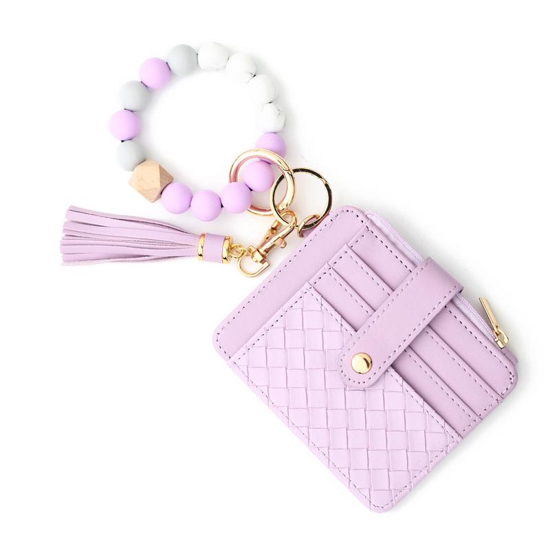 2024 Woven Plaid Card Holder Silicone Beads Wrist Bracelet Zipper Bag Multi-Layer Large-Capacity Coin Purse Keychain