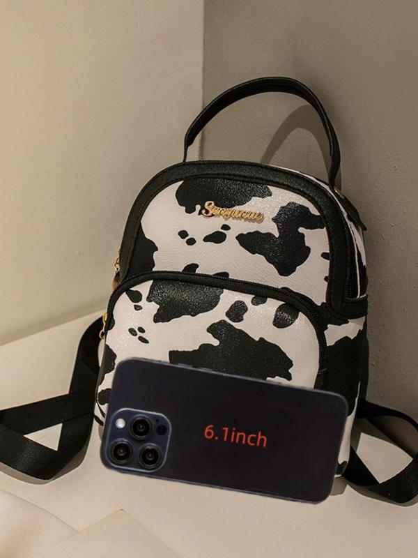 Cute Cow Print Waterproof Backpack, Fashionable Backpack with Zipper Outer Pocket, Portable Backpack for Women & Girls