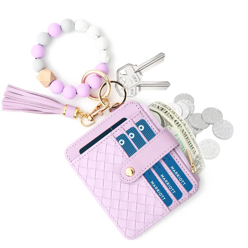 2024 Woven Plaid Card Holder Silicone Beads Wrist Bracelet Zipper Bag Multi-Layer Large-Capacity Coin Purse Keychain