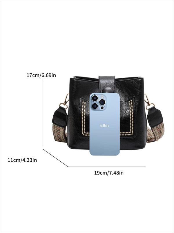 Women's Retro Fashion Bucket Bag, PU Leather Crossbody Bag with Wide Shoulder Strap, Casual Trendy Versatile High-quality Daily Commuting Bag