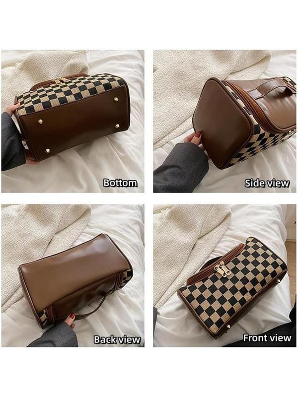 Checkerboard Pattern Makeup Bag with Bottom Studs, Fashionable Cosmetic Storage Bag, Casual Versatile Zipper Makeup Organizer Pouch for Women & Girls