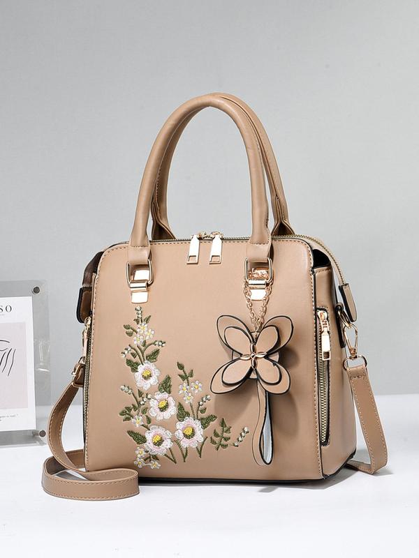 Women's Fashion Floral Pattern Handbag, 2024 Summer Trendy Casual Pu Leather Zipper Square Bag, All-match Tote Bag Commuter Bag for Work & Daily Used, Daily Clothing Decor