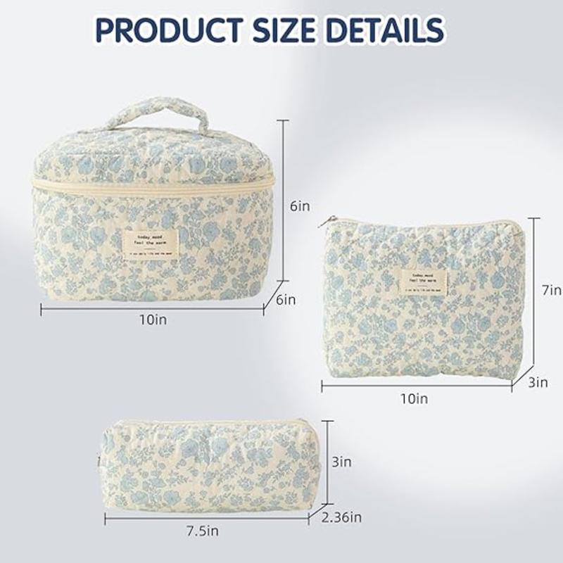 Quilted Pattern Makeup Bag, 3 Counts set Portable Cosmetic Storage Bag, Zipper Makeup OrganizerPouch (Blue Floral)