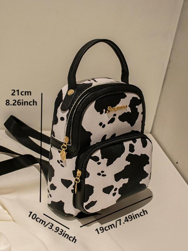 Cute Cow Print Waterproof Backpack, Fashionable Backpack with Zipper Outer Pocket, Portable Backpack for Women & Girls