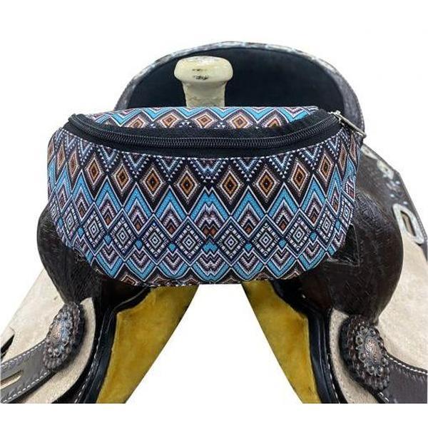 Blue Western Pattern Print Insulated Nylon Saddle Pouch