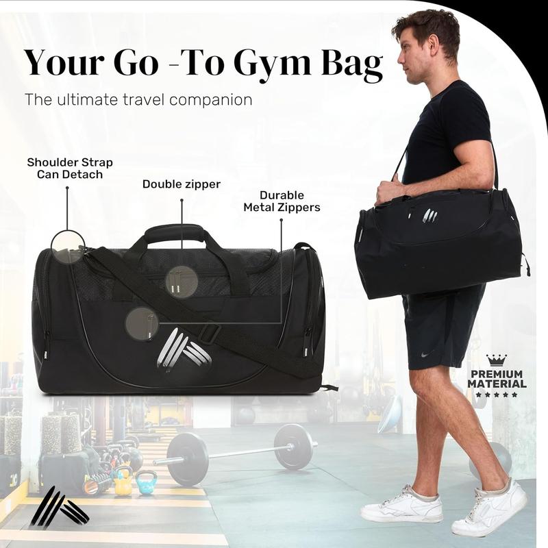 Duffel Bag, Small Gym Bag for Women & Men, Travel Bag with Shoe Compartment, Nylon, Black Silver, 21.0 x 10.5 x 9.5 inches, 1.0 pounds