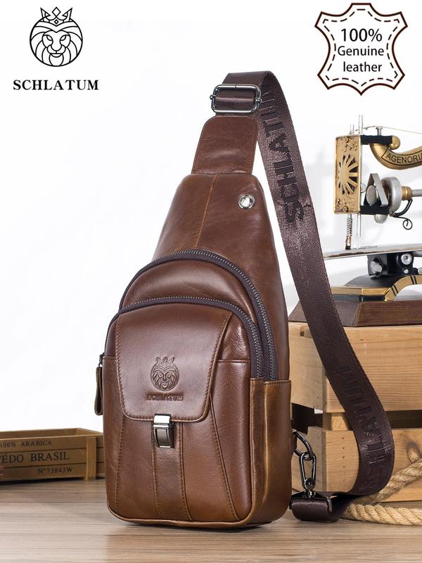 Men's Solid Zipper Chest Bag, Vintage Leather Sling Bag for Daily Use, Versatile Crossbody Bags