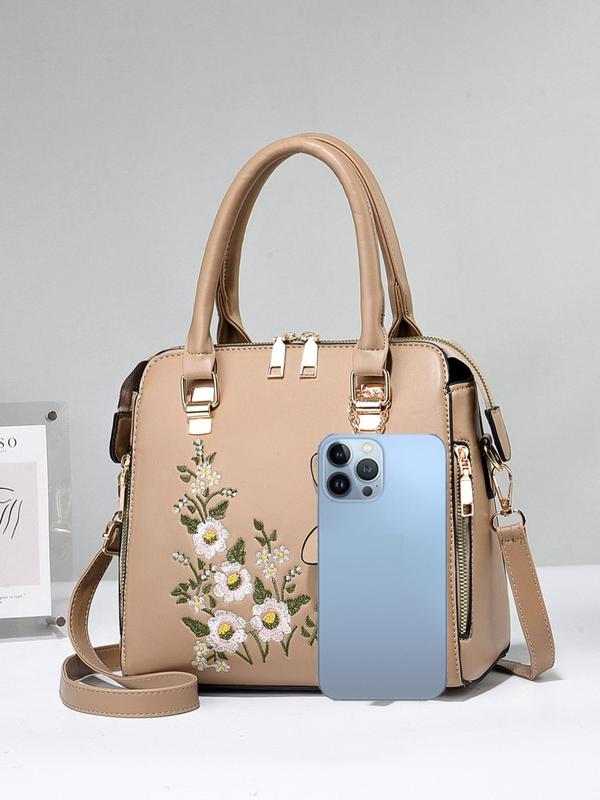 Women's Fashion Floral Pattern Handbag, 2024 Summer Trendy Casual Pu Leather Zipper Square Bag, All-match Tote Bag Commuter Bag for Work & Daily Used, Daily Clothing Decor