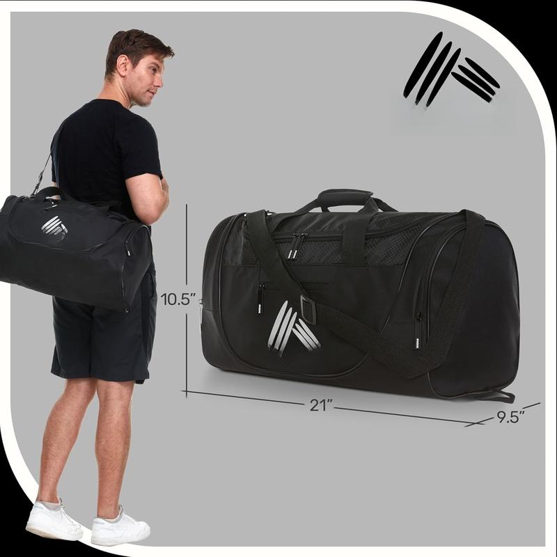 Duffel Bag, Small Gym Bag for Women & Men, Travel Bag with Shoe Compartment, Nylon, Black Silver, 21.0 x 10.5 x 9.5 inches, 1.0 pounds