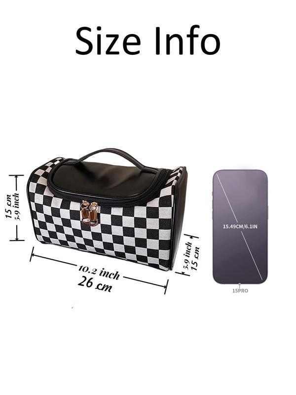 Checkerboard Pattern Makeup Bag with Bottom Studs, Fashionable Cosmetic Storage Bag, Casual Versatile Zipper Makeup Organizer Pouch for Women & Girls