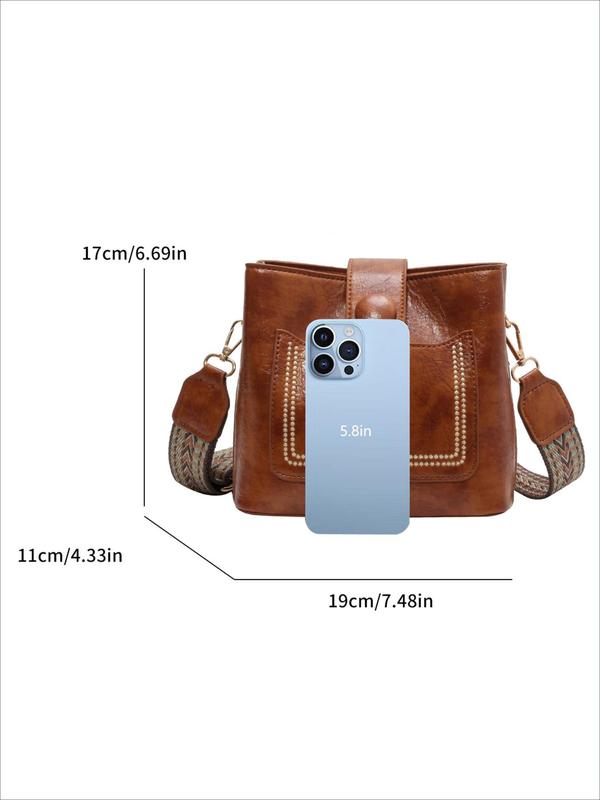 Women's Retro Fashion Bucket Bag, PU Leather Crossbody Bag with Wide Shoulder Strap, Casual Trendy Versatile High-quality Daily Commuting Bag