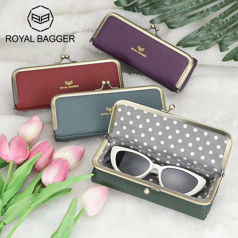 Royal Bagger Genuine Leather Fashion Glasses Case - RFID Blocking, Fashion Pencil Bag with Kiss Lock, Coin Purse for Women 2135