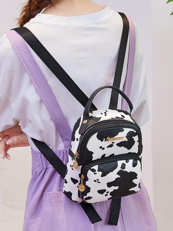 Cute Cow Print Waterproof Backpack, Fashionable Backpack with Zipper Outer Pocket, Portable Backpack for Women & Girls