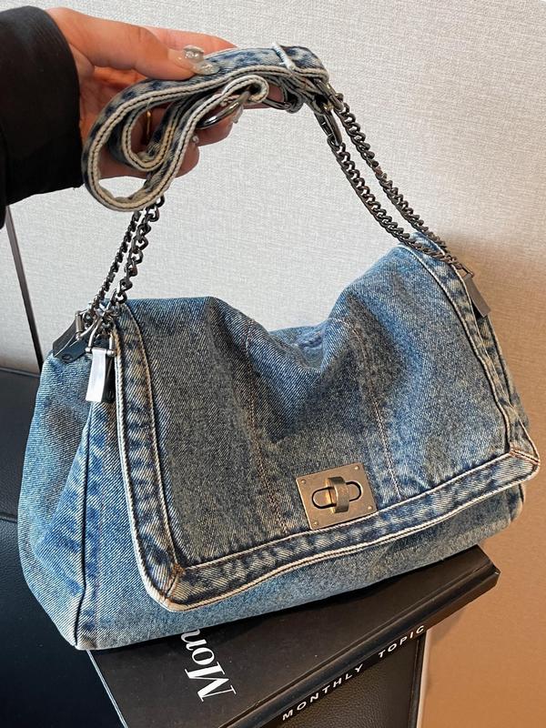 Women's Denim Tote Bag, Fashionable Large Capacity Shoulder Bag for Work & Daily Used, Casual Trendy Versatile High-quality Daily Commuting Bag