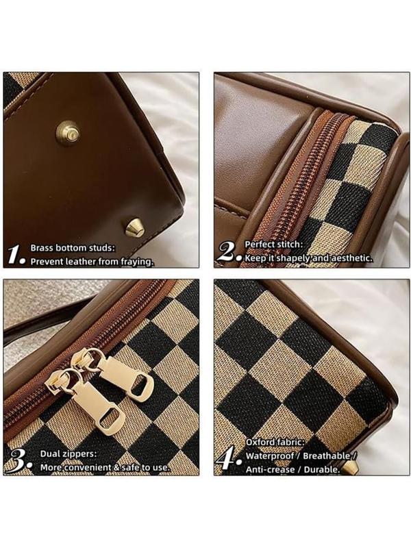 Checkerboard Pattern Makeup Bag with Bottom Studs, Fashionable Cosmetic Storage Bag, Casual Versatile Zipper Makeup Organizer Pouch for Women & Girls