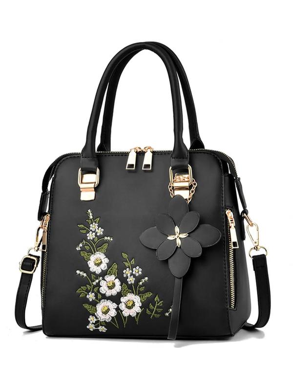 Women's Fashion Floral Pattern Handbag, 2024 Summer Trendy Casual Pu Leather Zipper Square Bag, All-match Tote Bag Commuter Bag for Work & Daily Used, Daily Clothing Decor