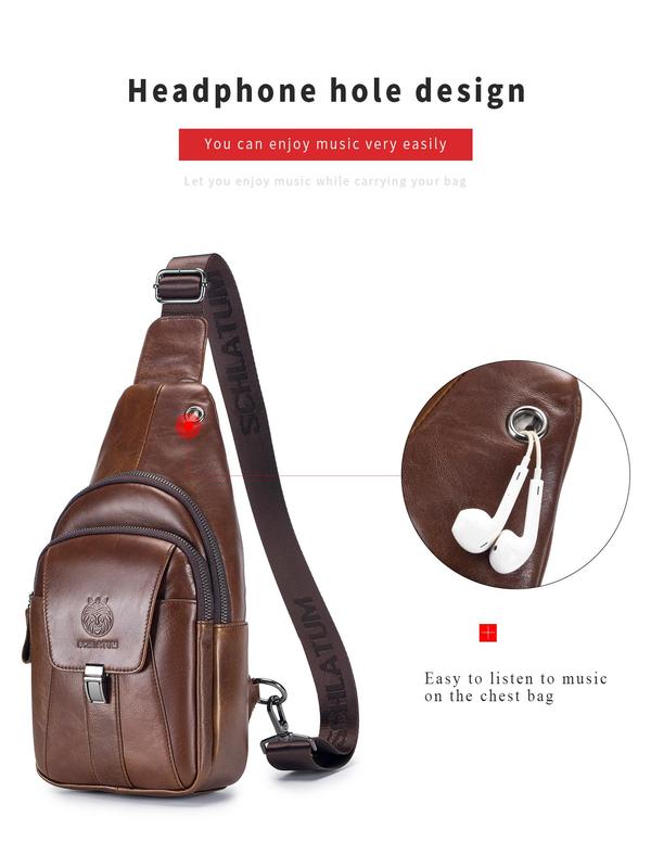 Men's Solid Zipper Chest Bag, Vintage Leather Sling Bag for Daily Use, Versatile Crossbody Bags