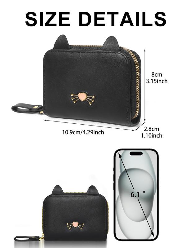 Cute Cat Design Card Holder, Casual Zipper Card Holder for Daily Use, Multi Card Slot PU Leather Money Saving Wallet, Everyday Bag with Holiday Birthday Gifts To Family