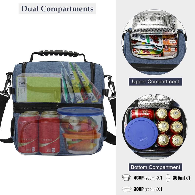 Dual Compartment Lunch Bag Tote with  Strap for Men and Women Insulated Leakproof Cooler Bag, Bluesteel