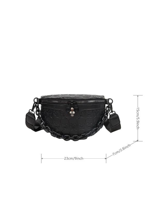 Women's Summer Minimalist Casual Plain Skull Pattern Design Fanny Pack, Fashionable Chain Decor Fanny Pack with Adjustable Strap for Daily Used