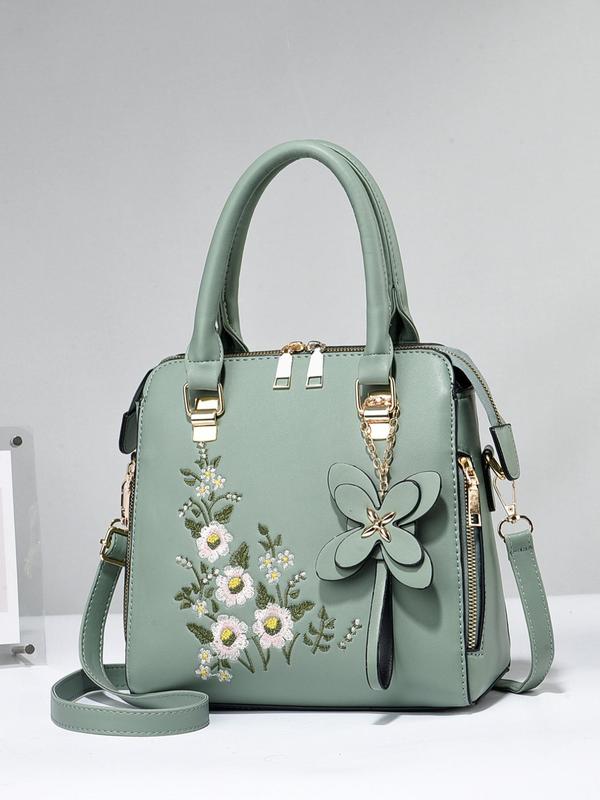 Women's Fashion Floral Pattern Handbag, 2024 Summer Trendy Casual Pu Leather Zipper Square Bag, All-match Tote Bag Commuter Bag for Work & Daily Used, Daily Clothing Decor