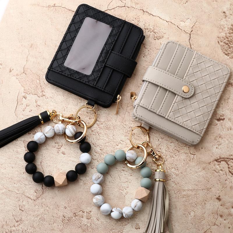 2024 Woven Plaid Card Holder Silicone Beads Wrist Bracelet Zipper Bag Multi-Layer Large-Capacity Coin Purse Keychain