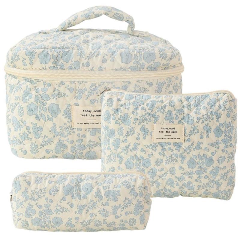 Quilted Pattern Makeup Bag, 3 Counts set Portable Cosmetic Storage Bag, Zipper Makeup OrganizerPouch (Blue Floral)