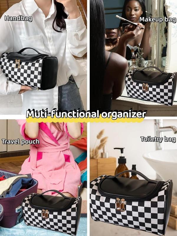 Checkerboard Pattern Makeup Bag with Bottom Studs, Fashionable Cosmetic Storage Bag, Casual Versatile Zipper Makeup Organizer Pouch for Women & Girls