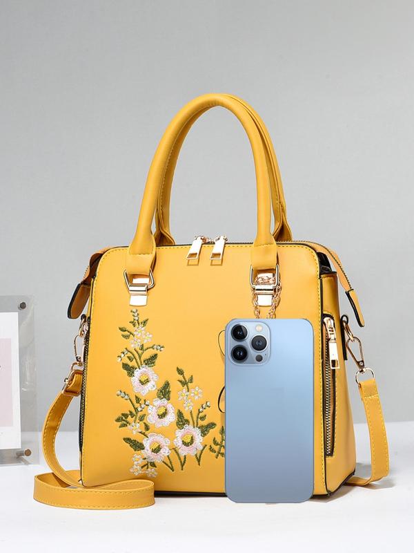 Women's Fashion Floral Pattern Handbag, 2024 Summer Trendy Casual Pu Leather Zipper Square Bag, All-match Tote Bag Commuter Bag for Work & Daily Used, Daily Clothing Decor