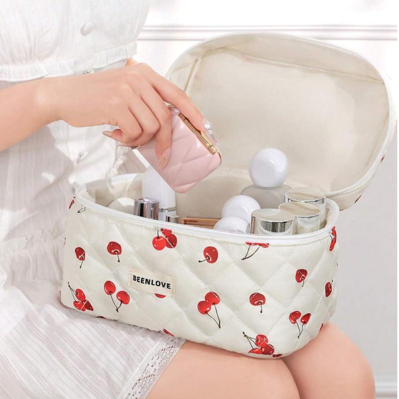 Set Quilting Soft Cherry Pattern Balletcore Multi-Functional Travel Cosmetic Bag Large Capacity Cosmetic Bag,Makeup Bag Makeup Pouch Skincare Bag ,Large Capacity For Travel