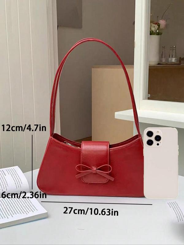 Women's Solid Color Bow Decor Shoulder Bag, Fashionable PU Leather Underarm Bag for Daily Used, Casual Trendy Versatile High-quality Daily Commuting Bag