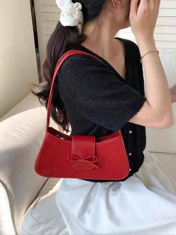 Women's Solid Color Bow Decor Shoulder Bag, Fashionable PU Leather Underarm Bag for Daily Used, Casual Trendy Versatile High-quality Daily Commuting Bag