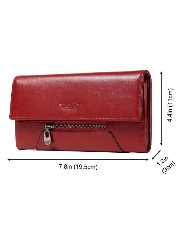 Genuine Leather Women's Fashion Solid Color Long Wallet Perfect for Gift, High Quality Letter Patch New Style Casual Zipper Card Holder, Female Vintage Wallet for Daily Used