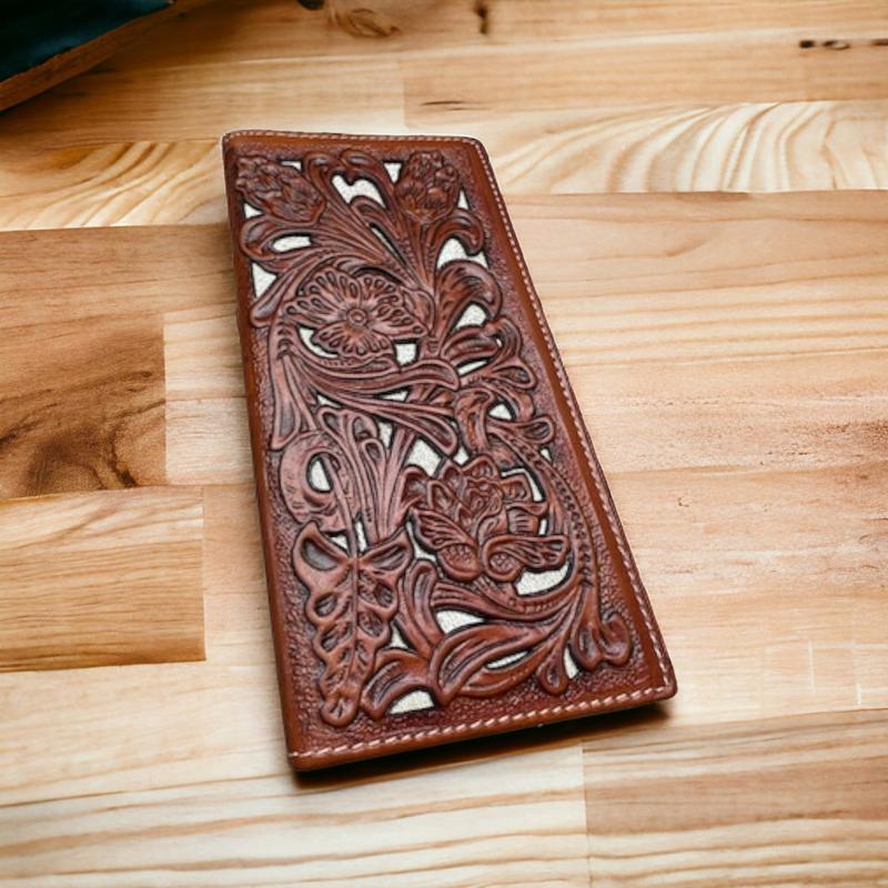 Mens Long Wallet Floral Cutout Layered Leather Brown White Soft Leather Checkbook Style Cowboy Hand Crafted High End Mens Wallets Leather Bull Rider Rodeo