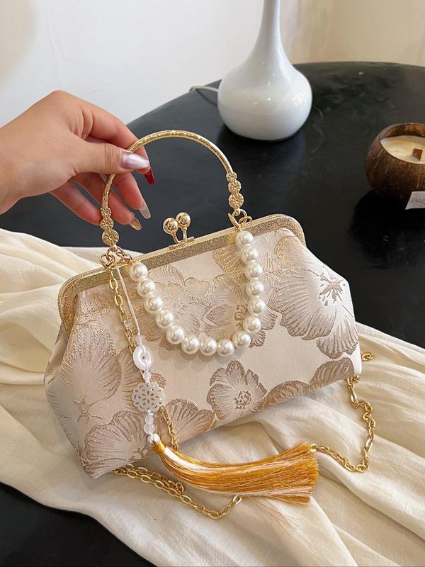 Women's Elegant Faux Pearl & Fringe Decorated Crossbody Bag, Fashionable Floral Pattern Shoulder Bag for Daily Used, Casual Trendy Versatile High-quality Daily Commuting Bag