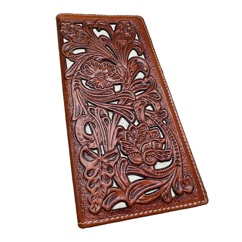 Mens Long Wallet Floral Cutout Layered Leather Brown White Soft Leather Checkbook Style Cowboy Hand Crafted High End Mens Wallets Leather Bull Rider Rodeo