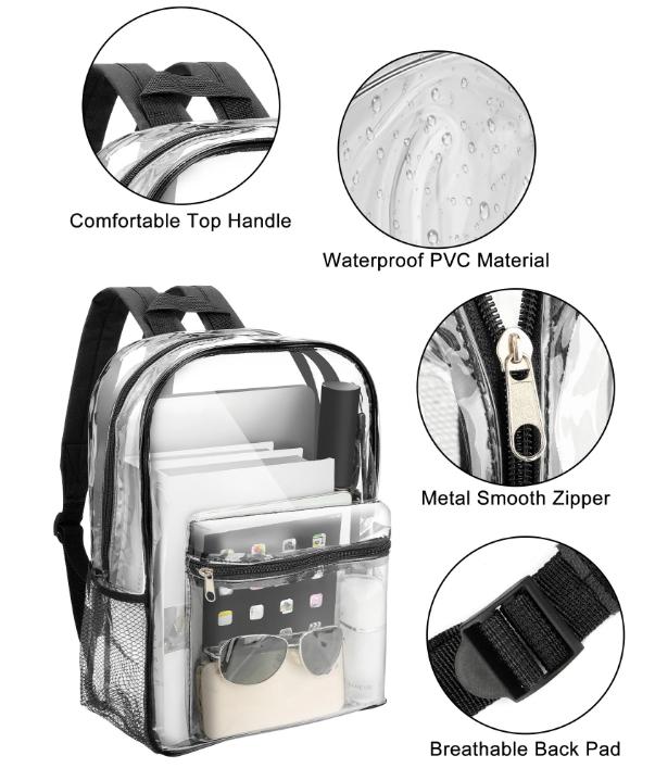 Clear Backpack, Heavy Duty PVC Transparent Backpack, See Through Bookbag for Stadium,Travel, School, Black